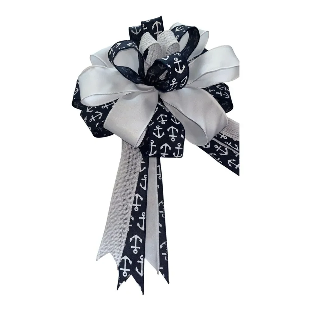 12‑Inch Nautical Anchor Bow | Navy & White Coastal Wreath Bow | Beach House